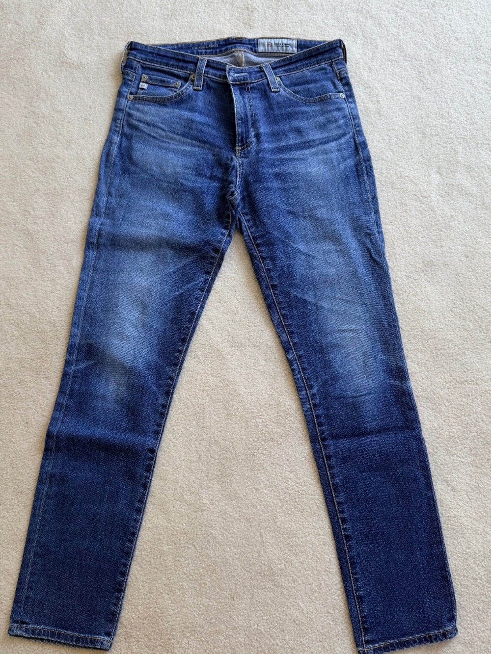 AG The Prima Ankle Mid-Rise Cigarette Jeans, Medium Blue Wash, Size 27R